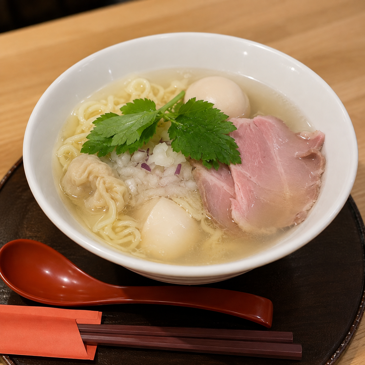 澄んだ塩スープのラーメン。手打ちらしい縮れのある麺に、ワンタン、レアチャーシュー、味玉、三つ葉、刻み玉ねぎが乗る