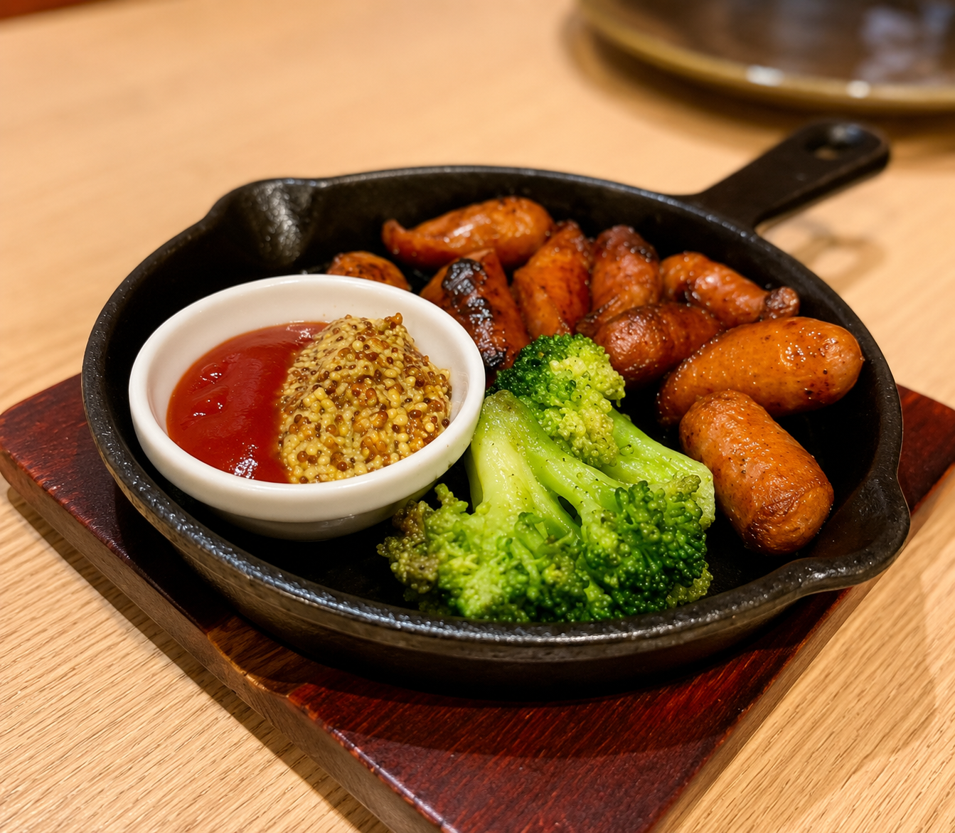 黒いスキレットに焼いたソーセージとブロッコリー、ケチャップと粒マスタードの小皿