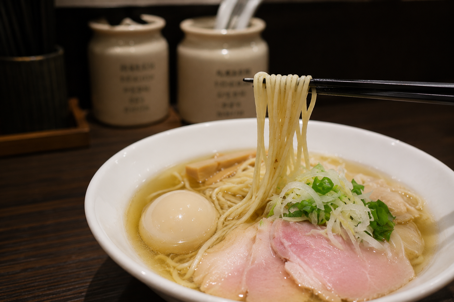 淡い黄金色の塩ラーメン。細めのストレート麺を箸で持ち上げており、味玉、チャーシュー、白髪ねぎ、ワンタンが見える