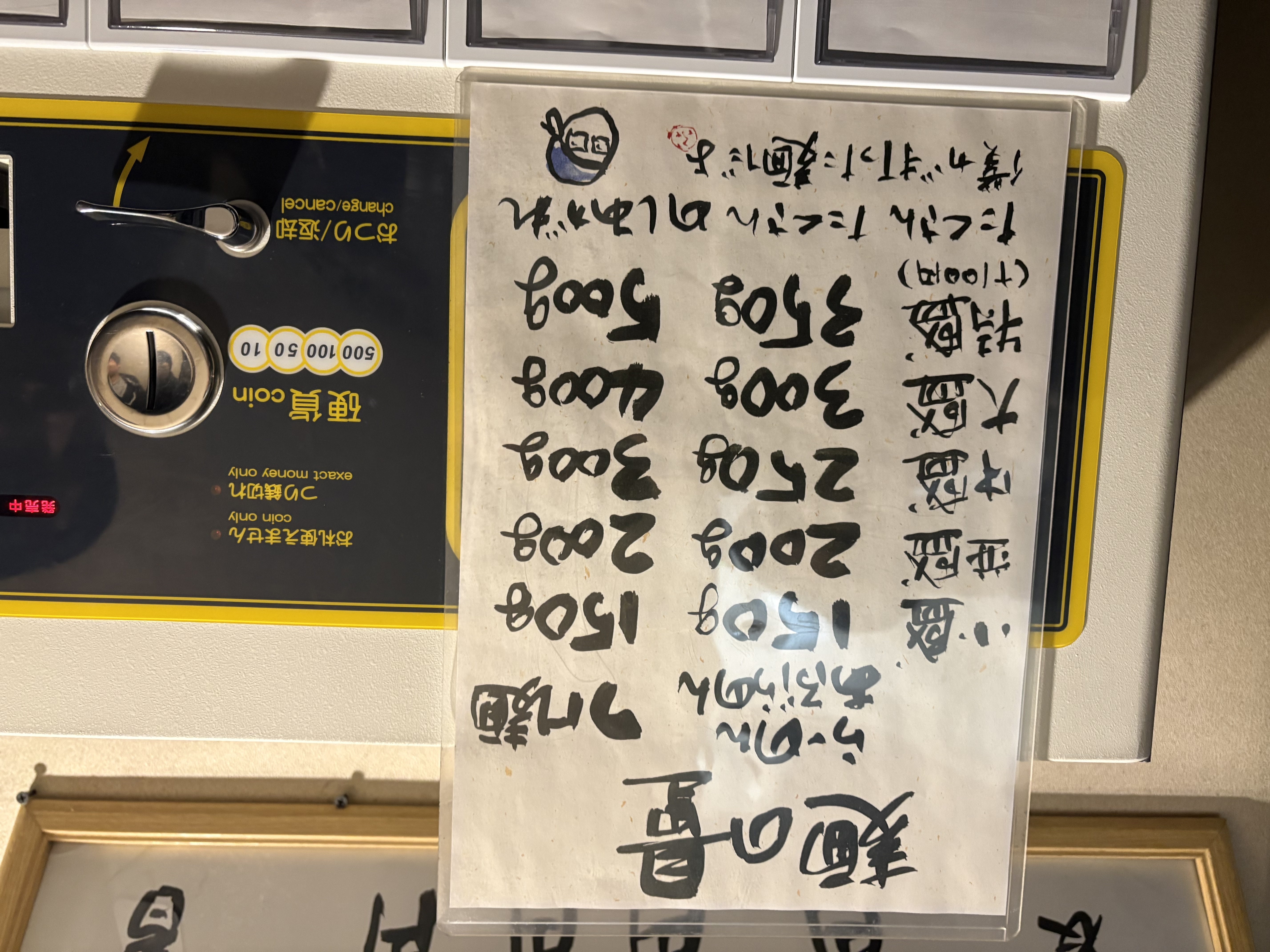 店内掲示の麺量の目安表