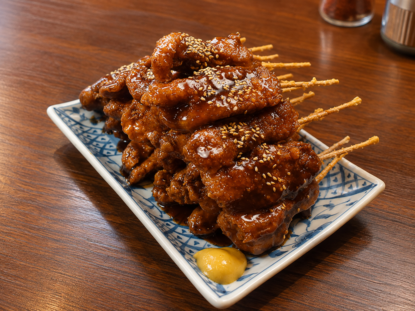味噌だれをからめた串焼きが白い角皿に積まれ、白ごまと辛子が添えられている