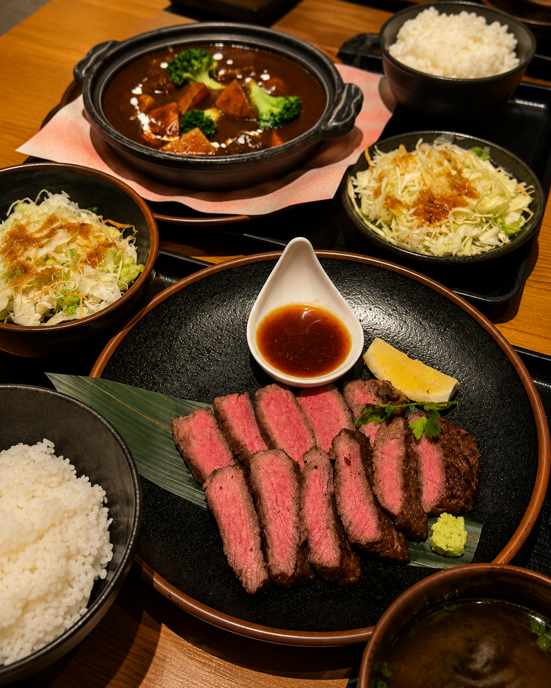 焼いた牛たんステーキとご飯・味噌汁・サラダ・シチューを並べた定食