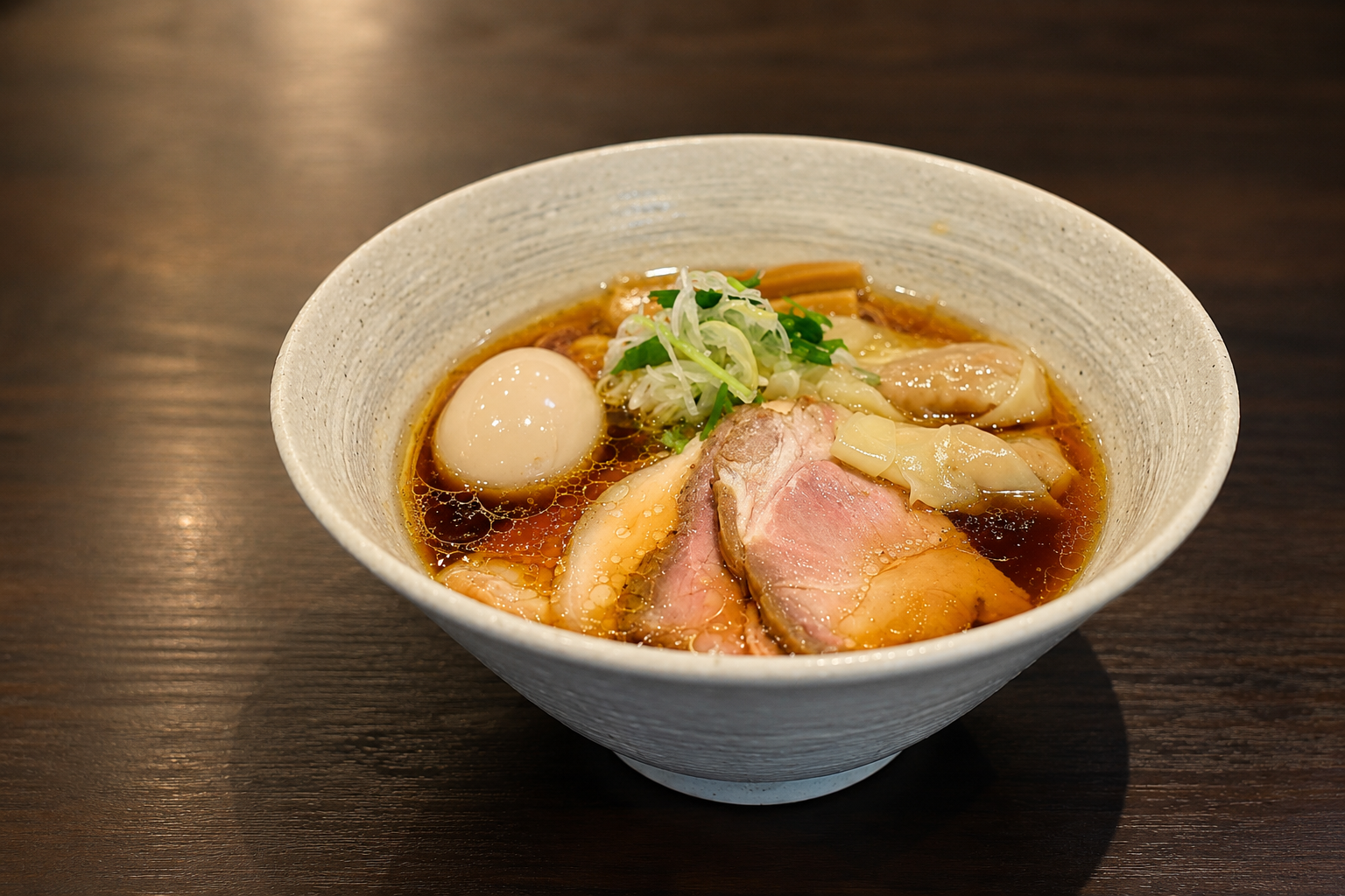 琥珀色の澄んだ醤油ラーメン。ワンタン、二種類のチャーシュー、味玉、白髪ねぎ、メンマが入っている